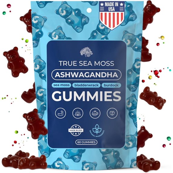 Ashwagandha Gummies for Women & Men – Vegan Formula with Sea Moss, Bladderwrack & Burdock Root – 60 Gummies (Pouch May Vary)