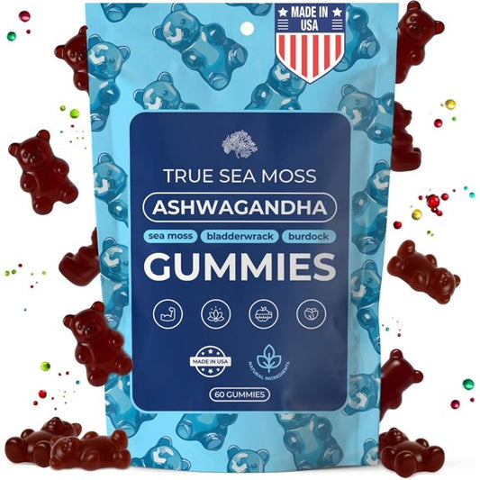 Ashwagandha Gummies for Women & Men – Vegan Formula with Sea Moss, Bladderwrack & Burdock Root – 60 Gummies (Pouch May Vary)