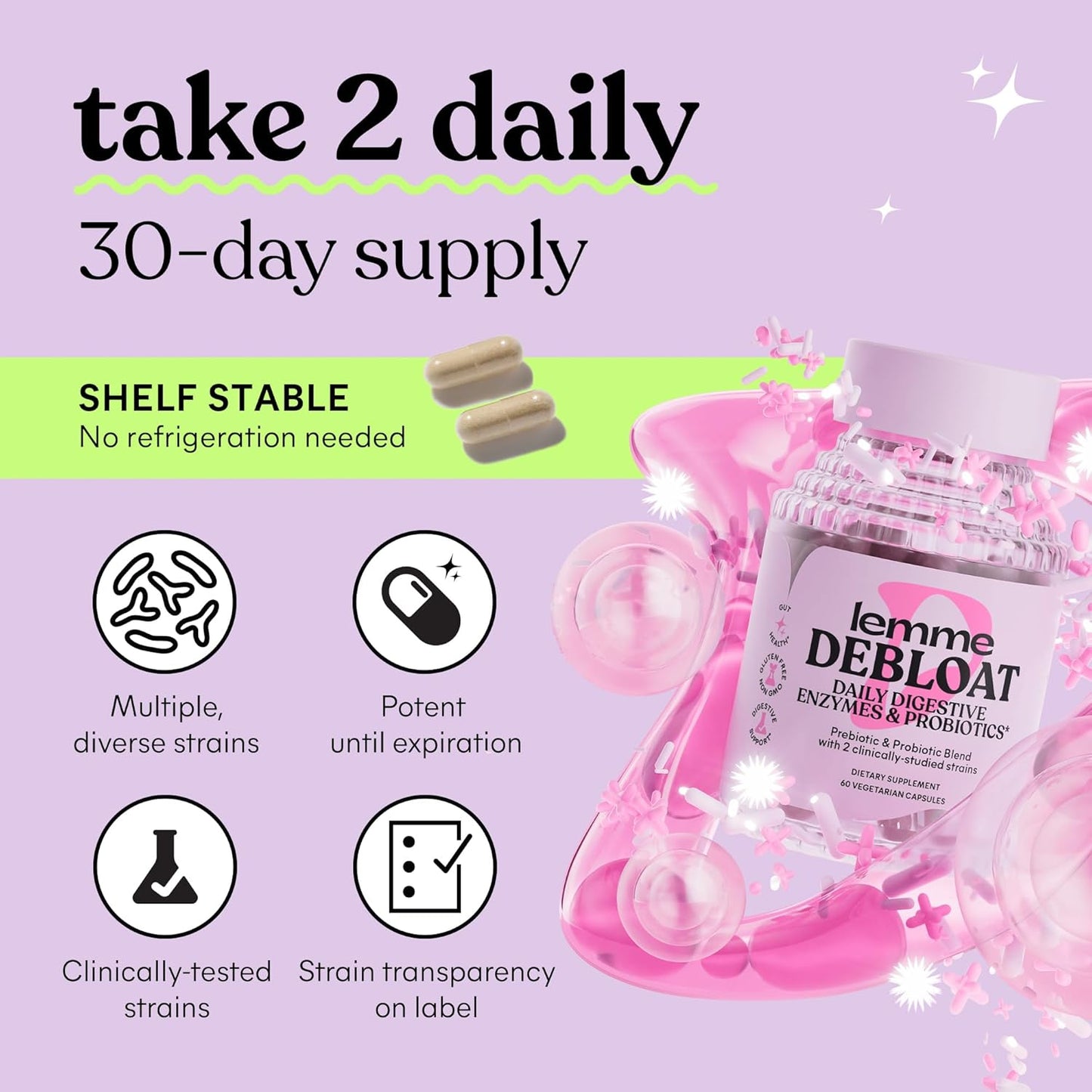 Debloat 3-In-1 Prebiotic, Probiotic & Digestive Enzyme Capsules for Bloating & Gas Relief - 2 Clinically Studied Probiotics W/5 Digestive Enzymes to Improve Digestion, Women & Men, (60 Count)