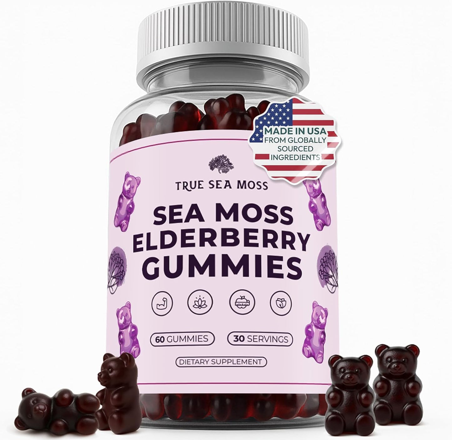Sea Moss Gummies with Elderberry, Burdock Root & Bladderwrack – for Adults & Kids 4+ – Fruity Flavor – 60 Gummies