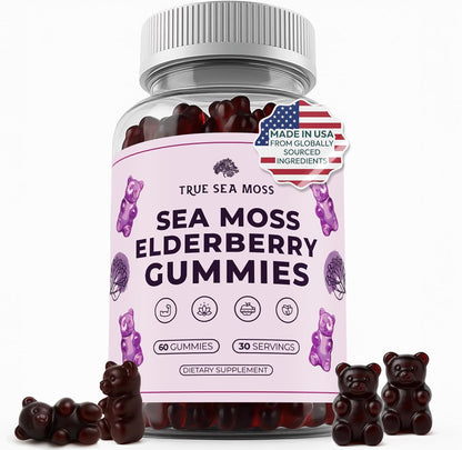 Sea Moss Gummies with Elderberry, Burdock Root & Bladderwrack – for Adults & Kids 4+ – Fruity Flavor – 60 Gummies