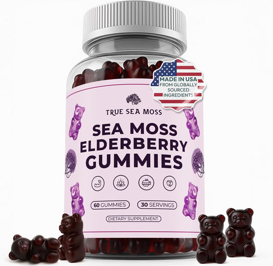 Sea Moss Gummies with Elderberry, Burdock Root & Bladderwrack – for Adults & Kids 4+ – Fruity Flavor – 60 Gummies