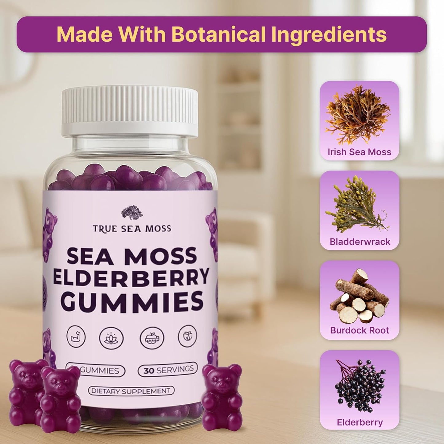 Sea Moss Gummies with Elderberry, Burdock Root & Bladderwrack – for Adults & Kids 4+ – Fruity Flavor – 60 Gummies